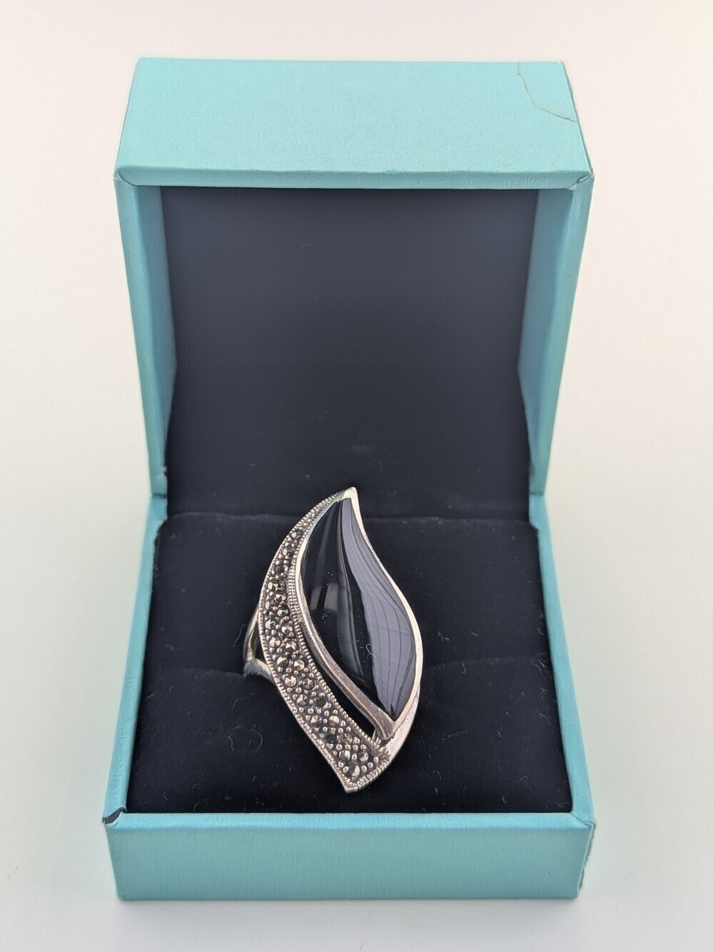 🖤 Vintage Art Deco Style Sterling Silver, Onyx & Marcasite Ring ✨